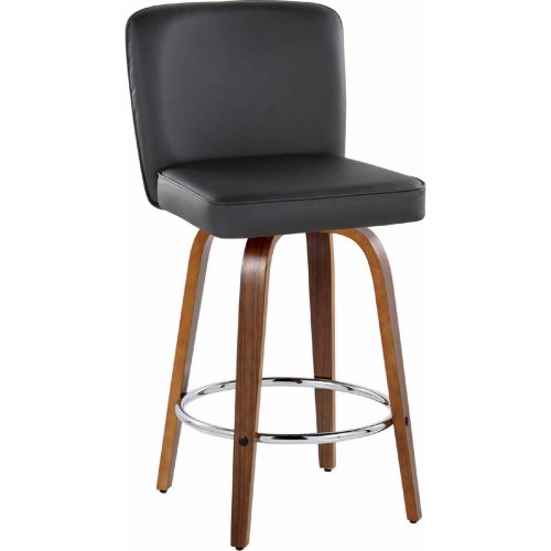 Henry 26" Swivel Counter Stool in Walnut Wood & Black Leatherette w/ Chrome Footrest (Set of 2)